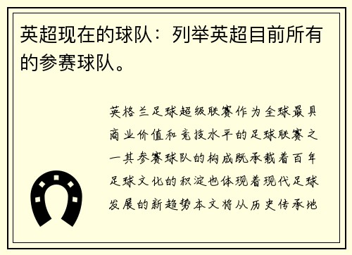 英超现在的球队：列举英超目前所有的参赛球队。